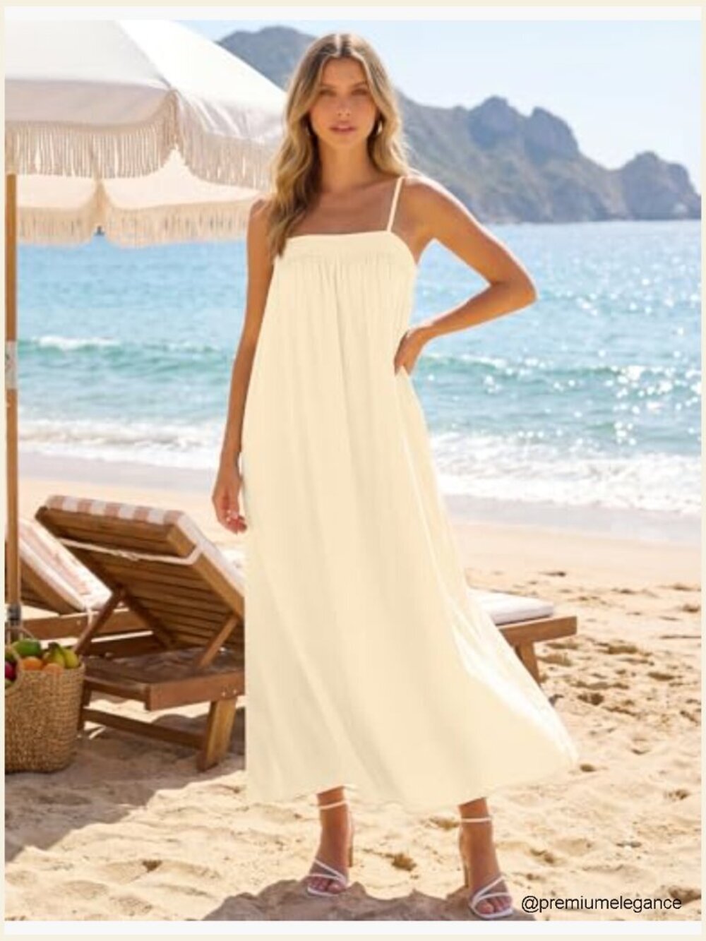 Linen Blend Maxi Sundress with Spaghetti Straps, Side Pockets, Size Small - Picture 6 of 7
